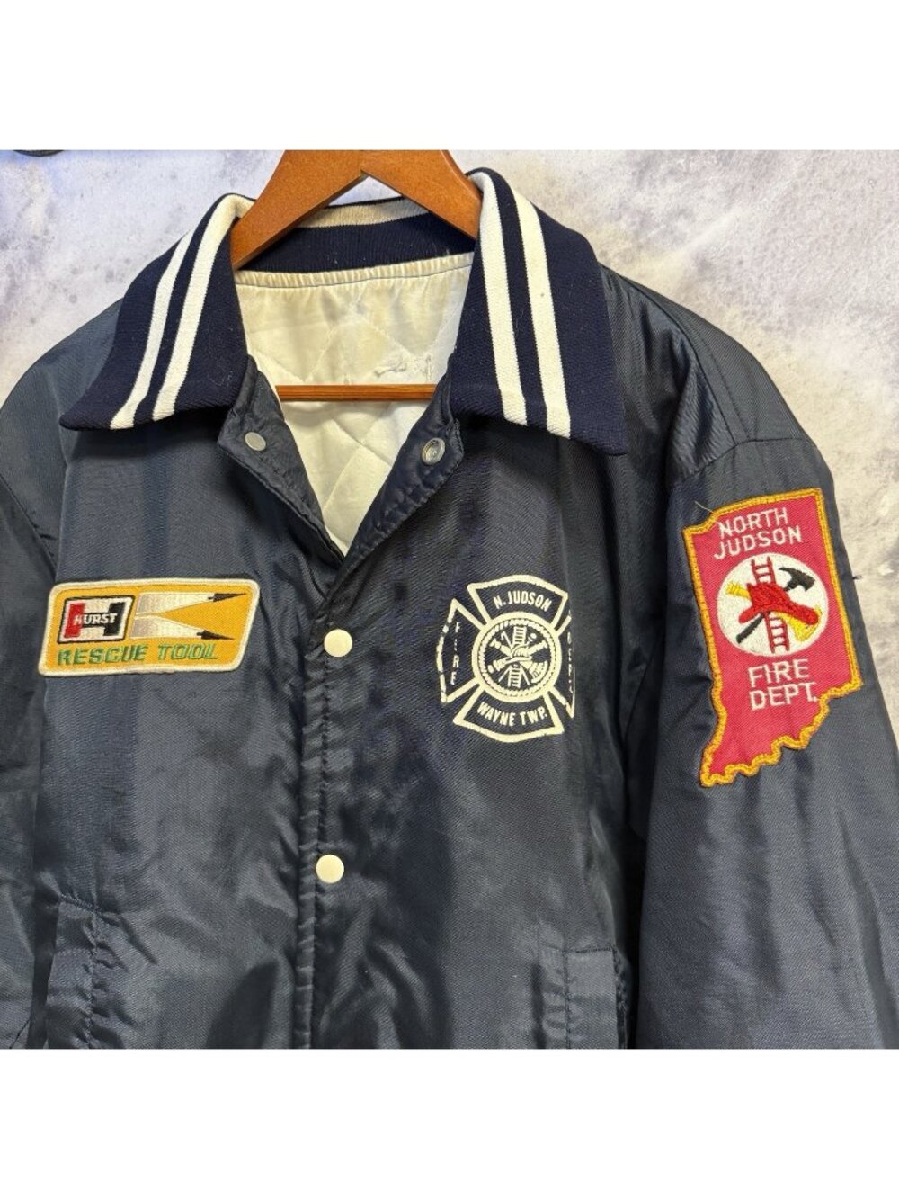 Vintage Fire Station Bomber Jacket Mens Blue Insulated North Judson